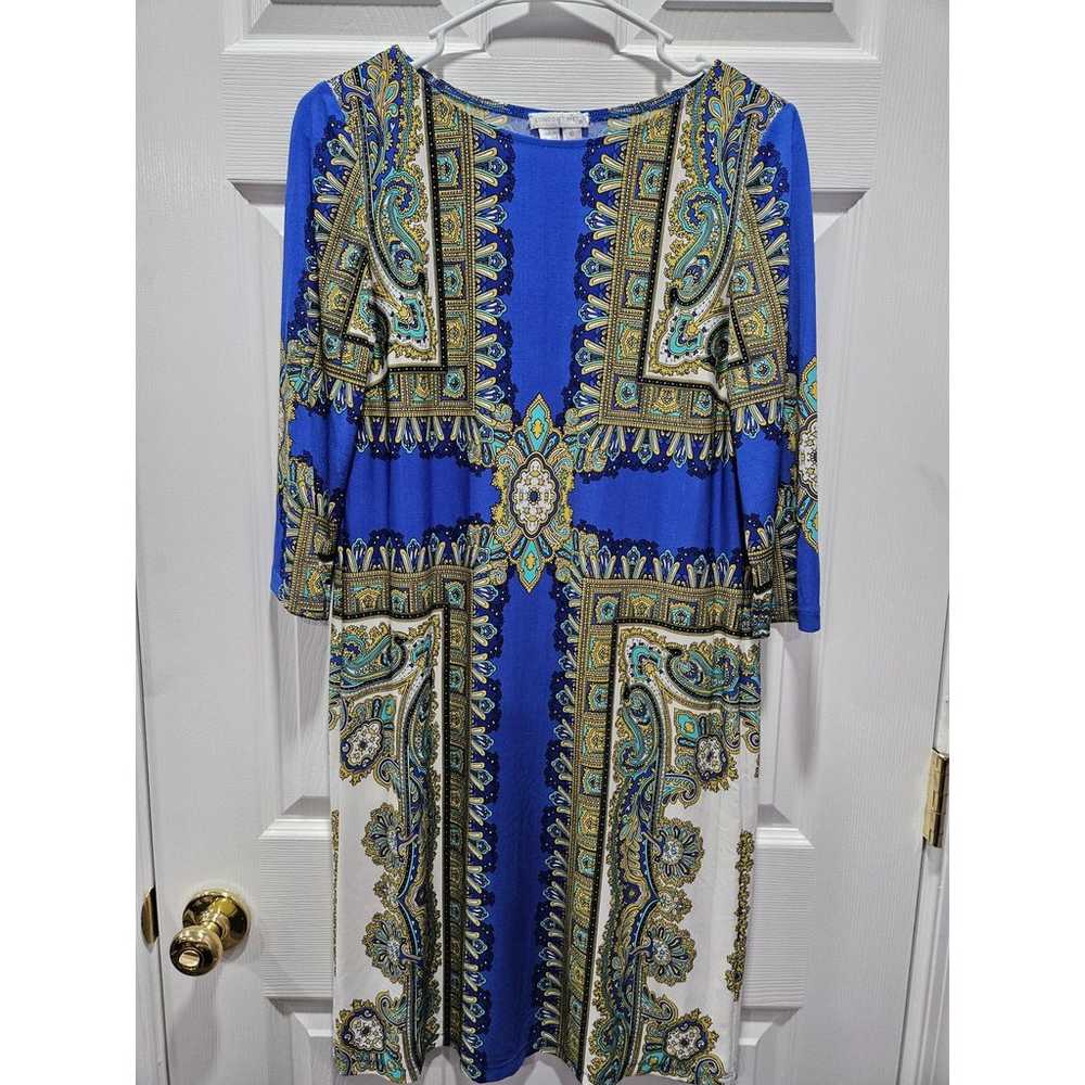 London Times Dress 3/4 Sleeves  Geometric Blue Go… - image 1