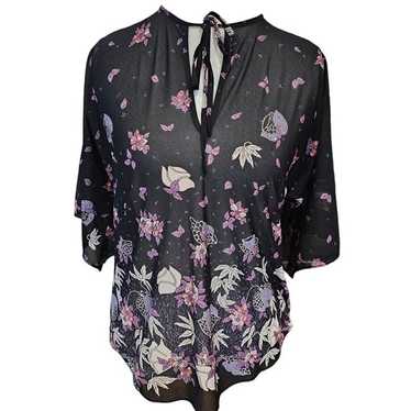 Vintage 70s Womens Medium Dark Floral Blouse Black