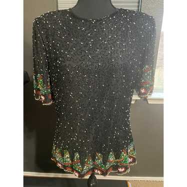 Vintage Laurence Kazar Silk Beaded Christmas Top … - image 1