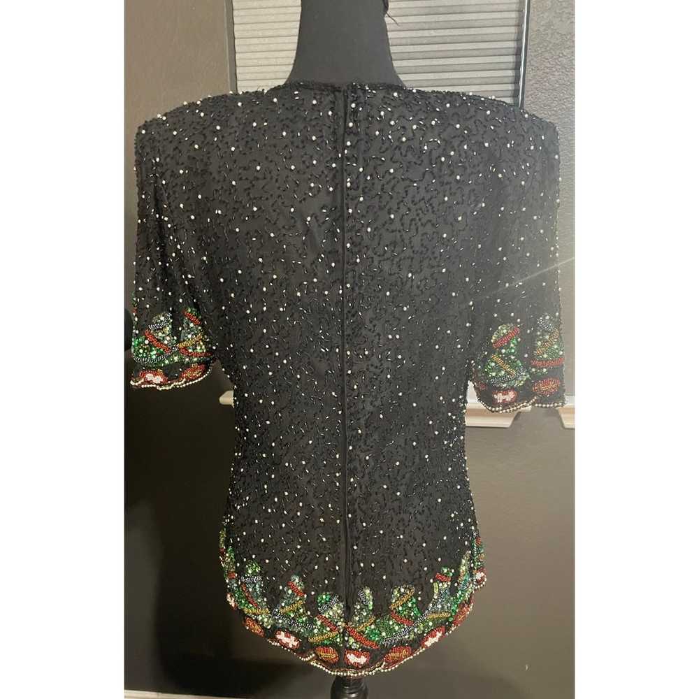 Vintage Laurence Kazar Silk Beaded Christmas Top … - image 2