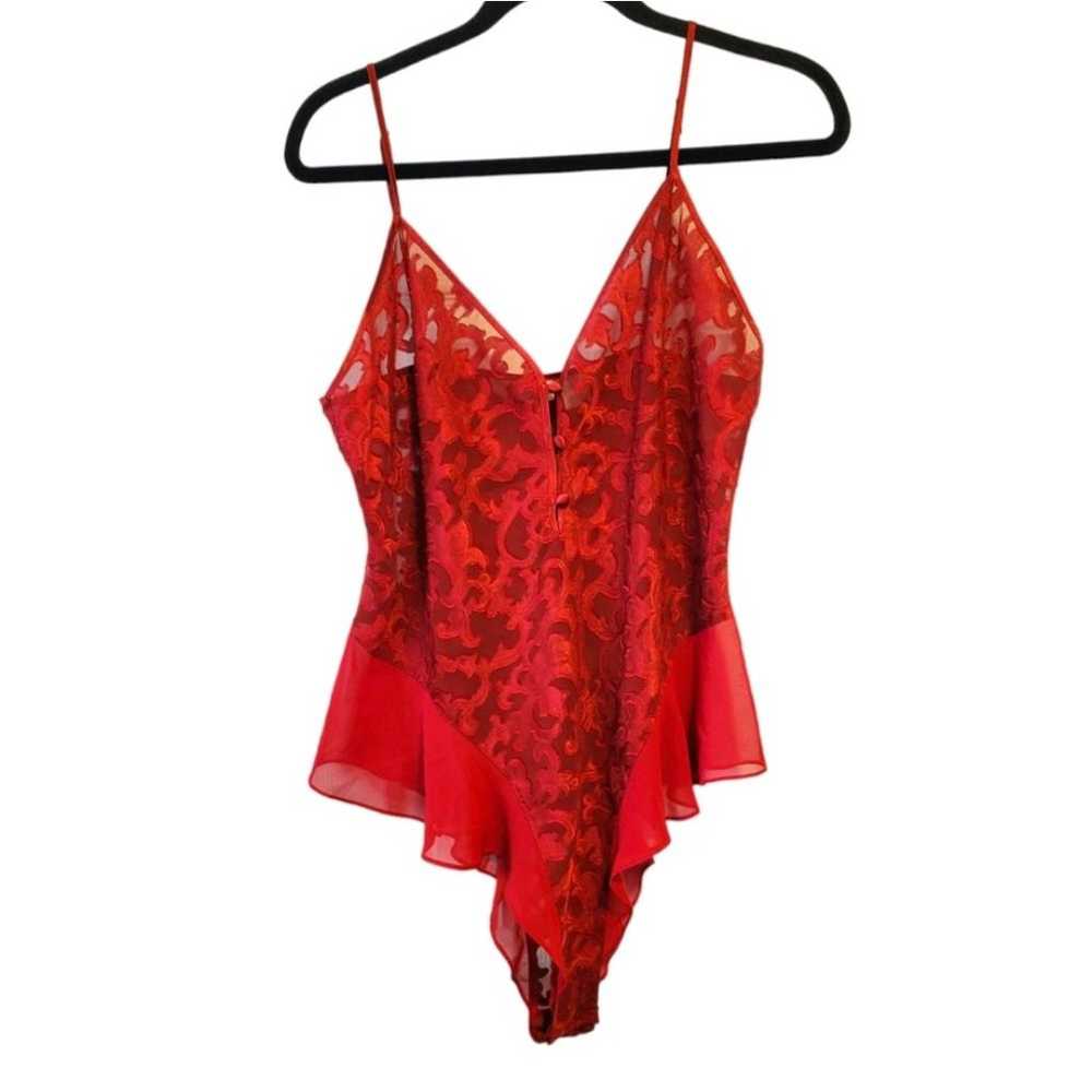 Cacique Vintage Red Floral Lace Ruffle Bodysuit T… - image 1