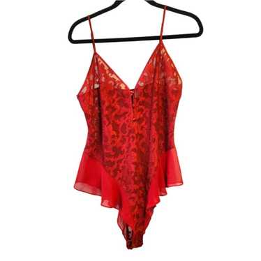 Cacique Vintage Red Floral Lace Ruffle Bodysuit T… - image 1