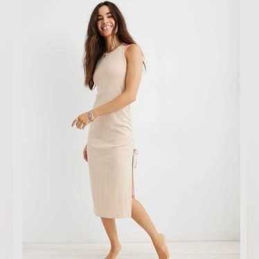 Aerie ruched rib midi dress cream tan