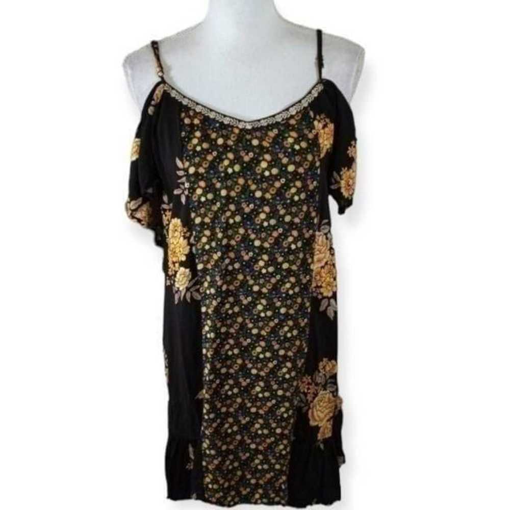 XHILARATION BLACK & YELLOW FLORAL COLD SHOULDER D… - image 1