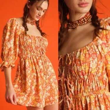 Free People Floral Boho Romper Sz L Puff Sleeve S… - image 1