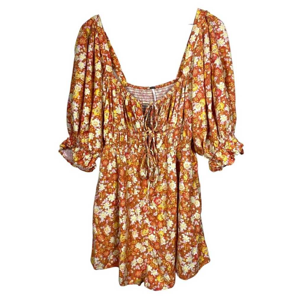 Free People Floral Boho Romper Sz L Puff Sleeve S… - image 2