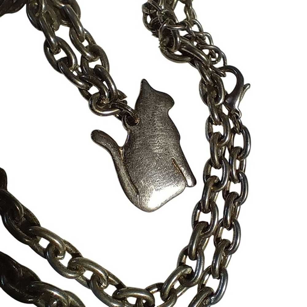 Vintage 70's Silver-Tone Cat Charm Chain Necklace… - image 1