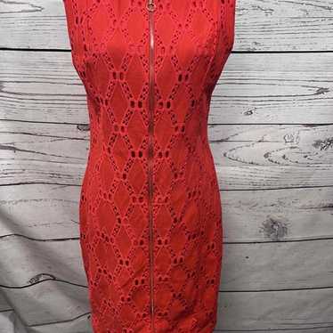 Tahari Red Lace Sleeveless Dress Zip Front Lined S