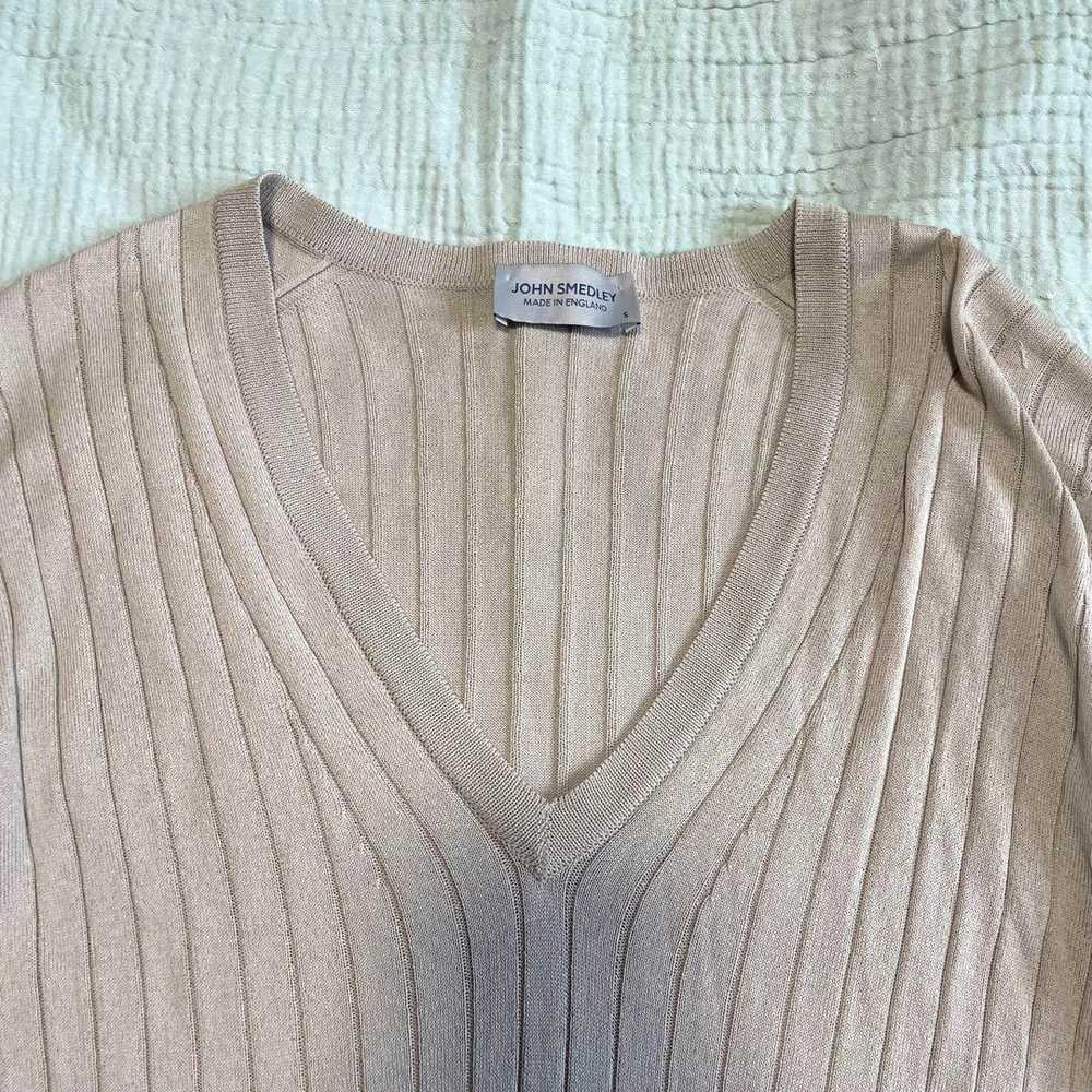 John Smedley Long Sleeve Knit Sweater Beige V Nec… - image 2