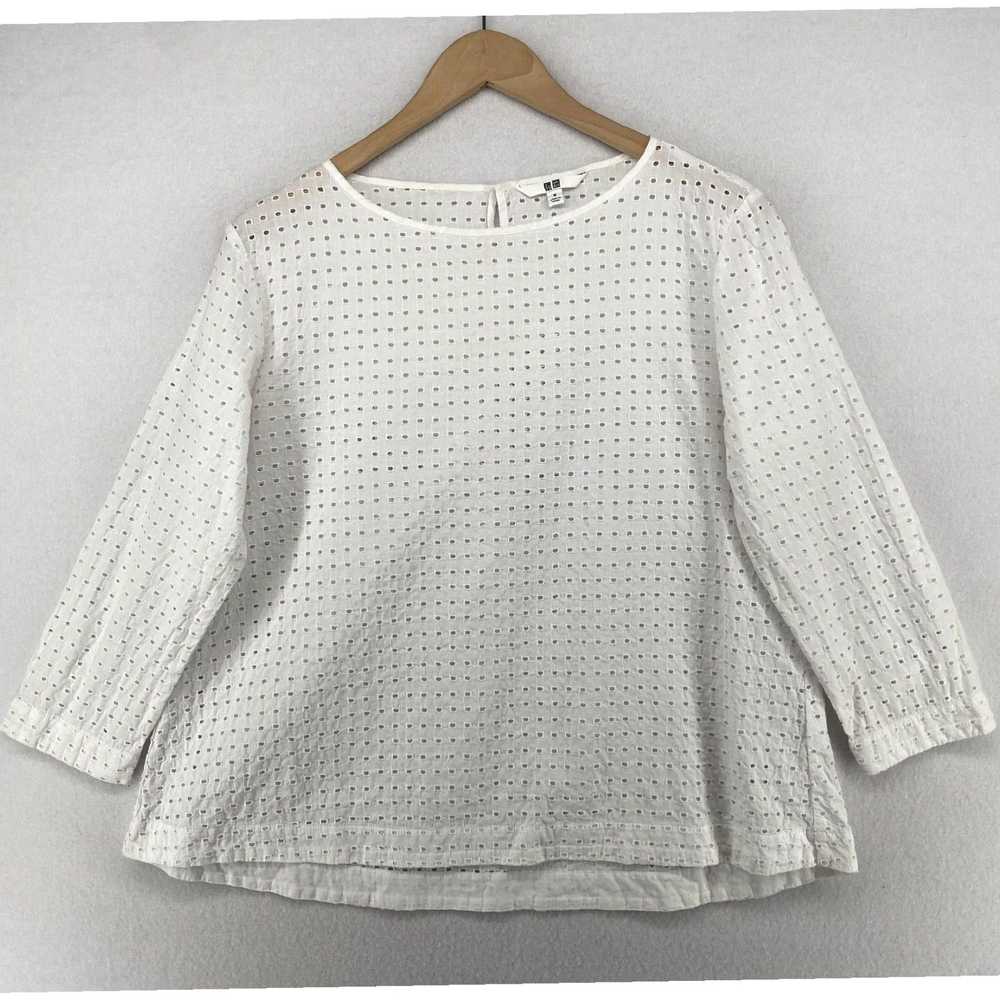 Uniqlo White Cotton 3/4 Sleeve Boxy Top with Back… - image 1