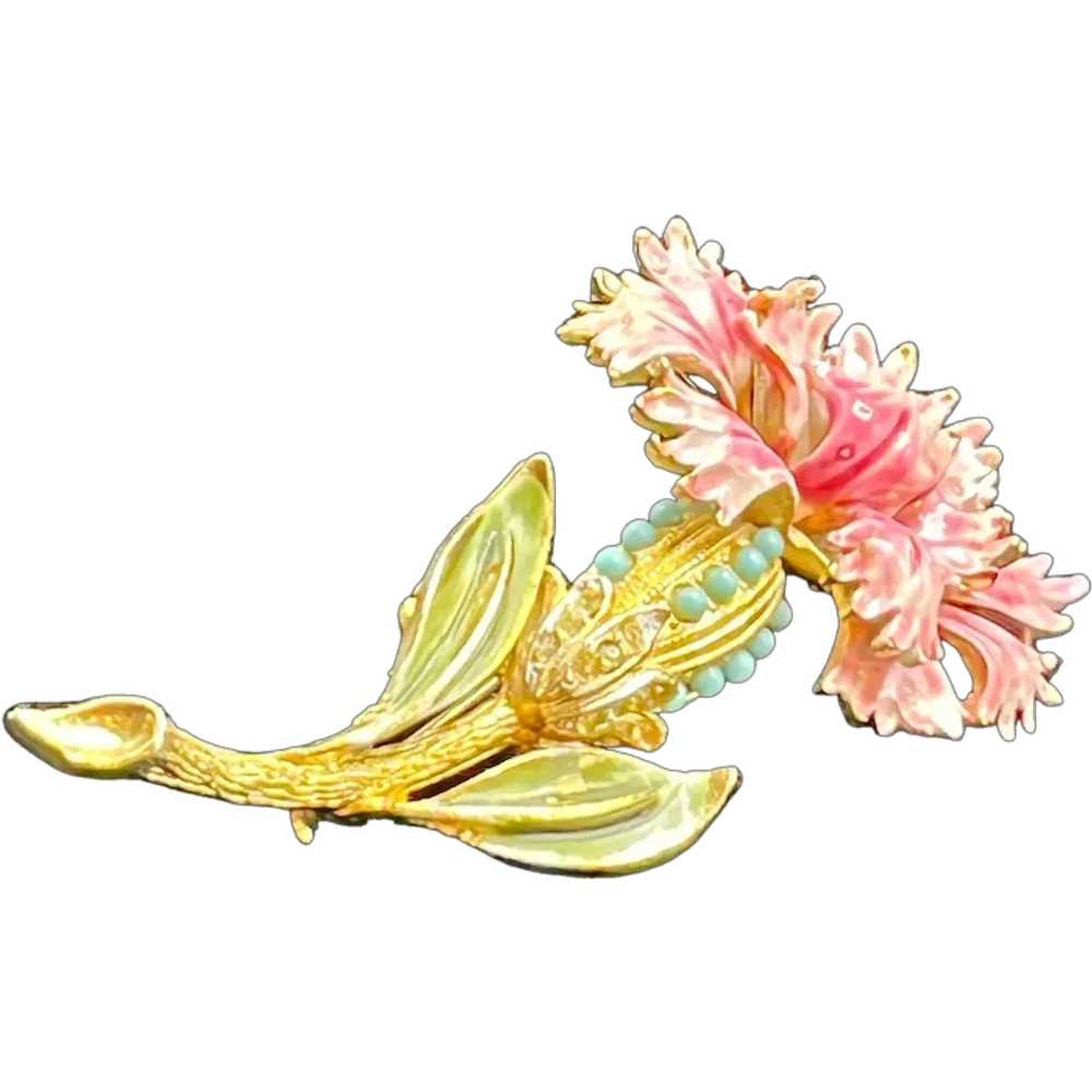 Pink Enameled Carnation Brooch Signed Coro - image 1