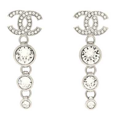 CHANEL Metal Crystal CC Drop Earrings Silver