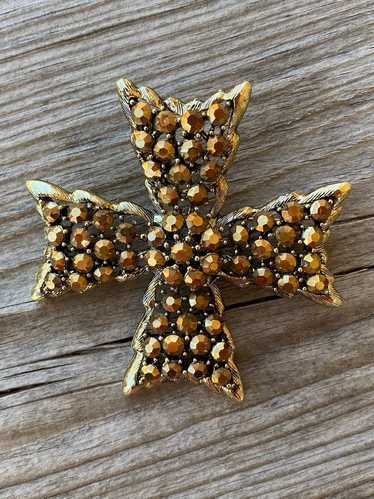 Vintage 1950s Maltese Cross Brooch Copper Rhinesto