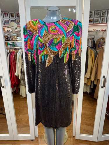 80’s Black Multicolor Sequins Dress By Carina