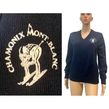 Vintage 70 80s Chamonix Mont Blanc V Neck Flocked… - image 1