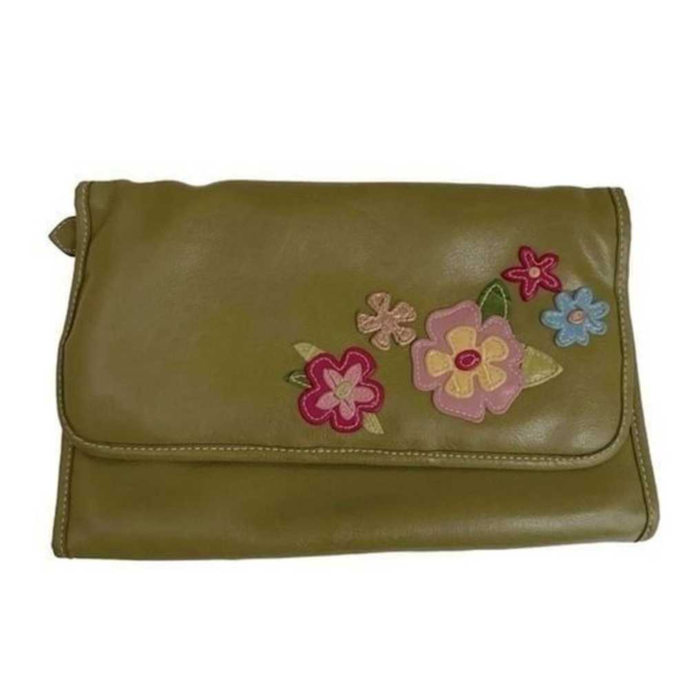 Bohemian Green Leather Tri-Fold Travel Bag Floral… - image 1