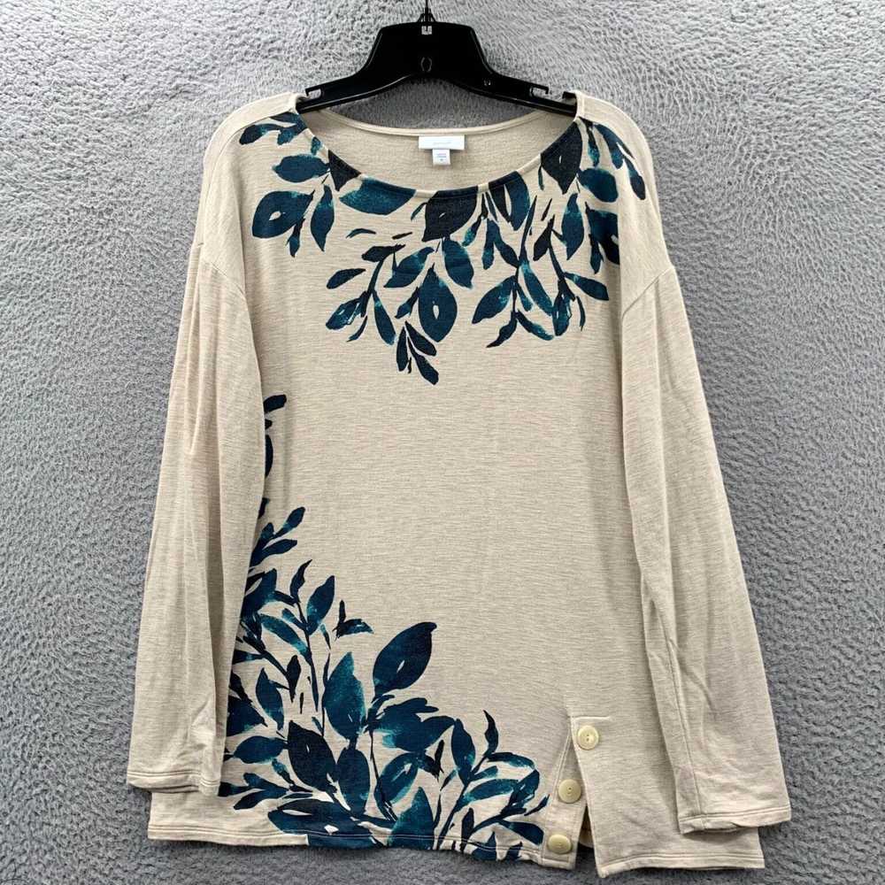 Vintage Floral Beige Blue Long Sleeve Top for Wom… - image 1