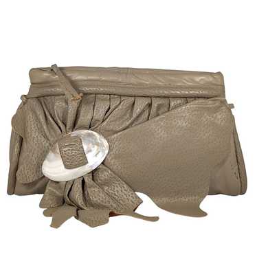 VTG 80s Taupe Leather Clutch Shell Buckle Scrunch… - image 1