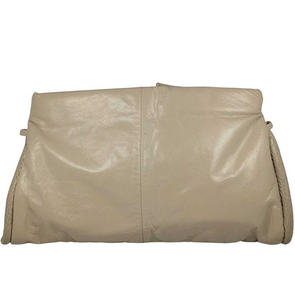 VTG 80s Taupe Leather Clutch Shell Buckle Scrunch… - image 2