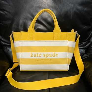 KATE SPADE Black deals and Cream Striped Canvas Handbag With Yellow Interior.