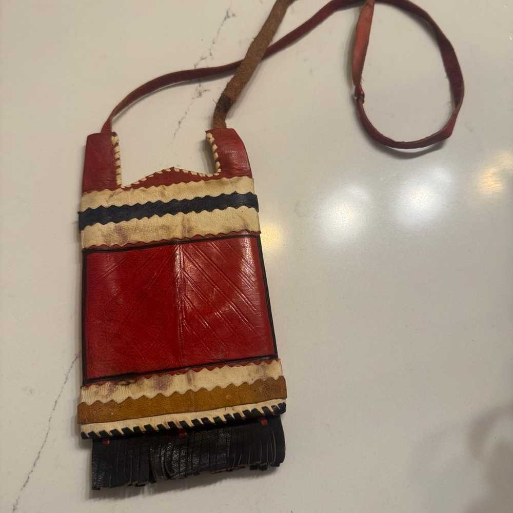 Antique  Tuareg Leather  Bag Double Pouch W Fringe - image 4