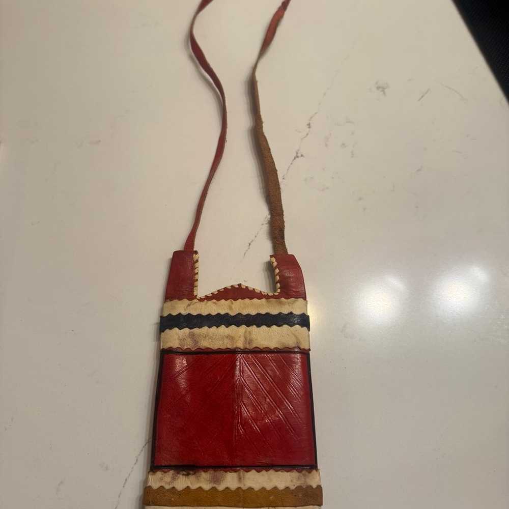 Antique  Tuareg Leather  Bag Double Pouch W Fringe - image 5