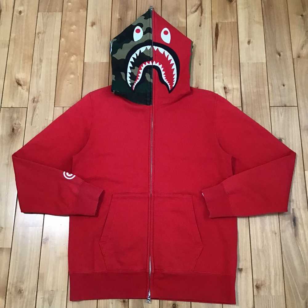 Bape Shark full zip hoodie red × woodland camo BA… - image 1