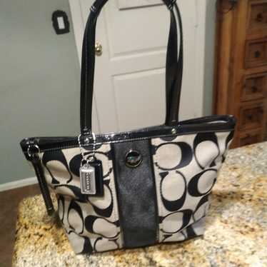 Coach Signature Black Canvas Stripe Tote Shoulder… - image 1