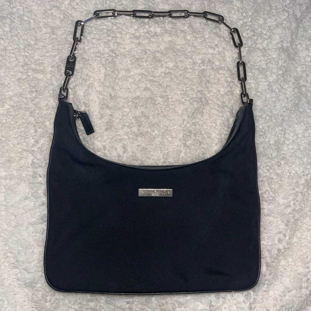 Gucci Black Nylon Leather Silver Chain Shoulder B… - image 1