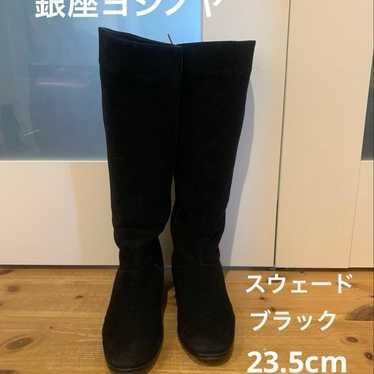 Ginza Yoshinoya 23.5cm Black Suede Long Boots Hee… - image 1