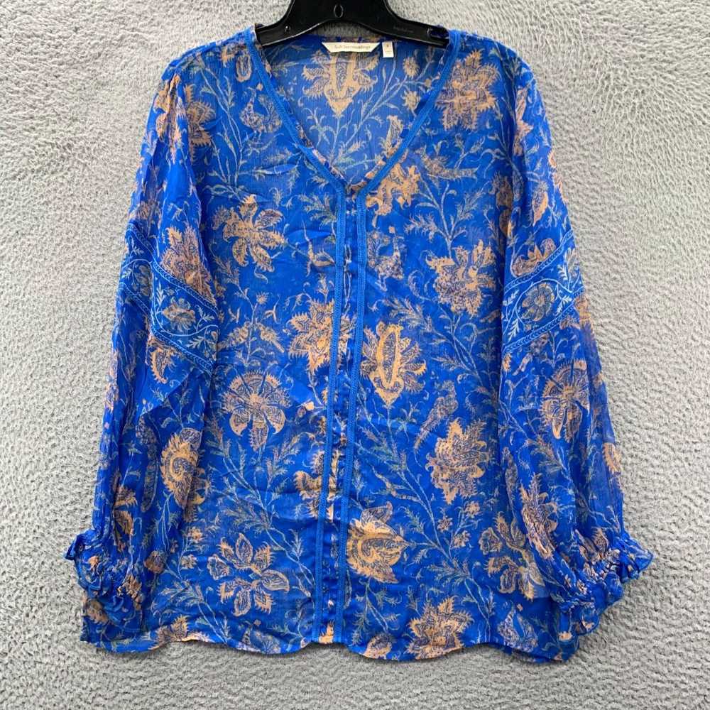 Vintage Floral Patterned Sheer Blue Long Sleeve S… - image 1