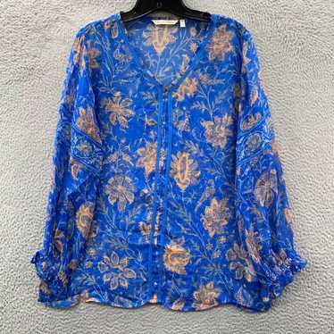 Vintage Floral Patterned Sheer Blue Long Sleeve S… - image 1