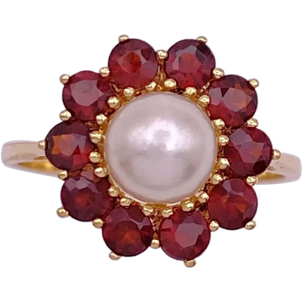 Garnet Halo Cultured Pearl Ring 18K Gold - image 1