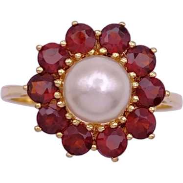 Garnet Halo Cultured Pearl Ring 18K Gold - image 1
