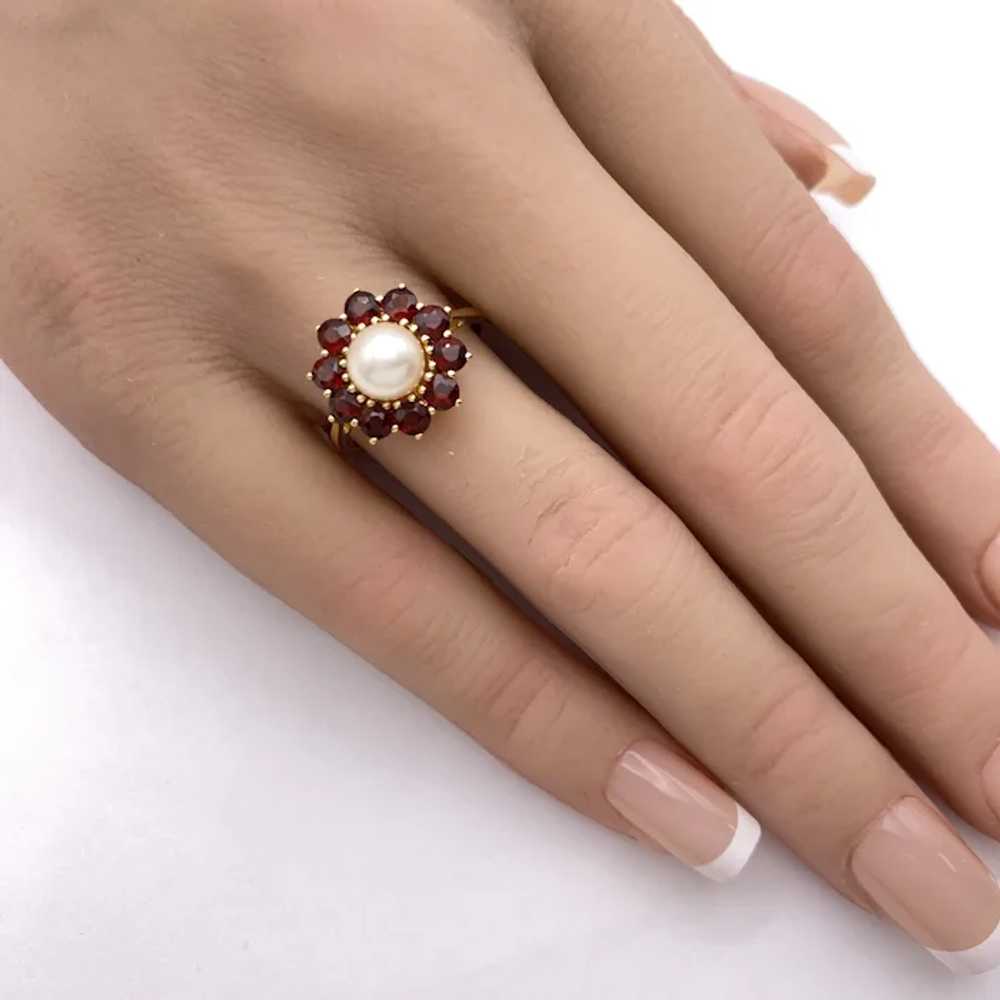 Garnet Halo Cultured Pearl Ring 18K Gold - image 2