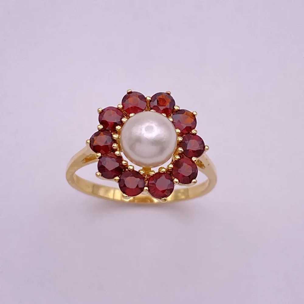 Garnet Halo Cultured Pearl Ring 18K Gold - image 3