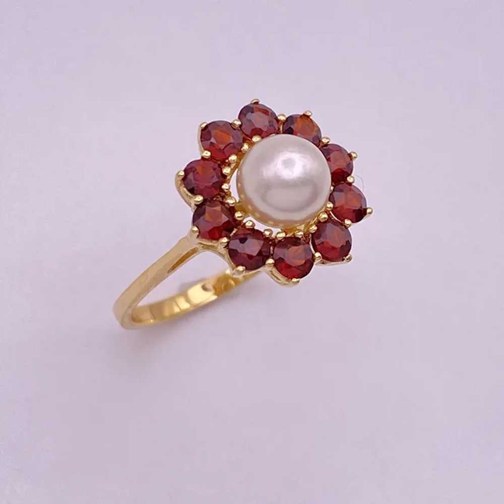 Garnet Halo Cultured Pearl Ring 18K Gold - image 4