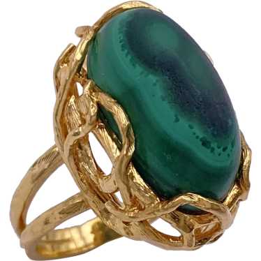 Vintage Handcrafted 18K Gold Malachite Cabochon Ri