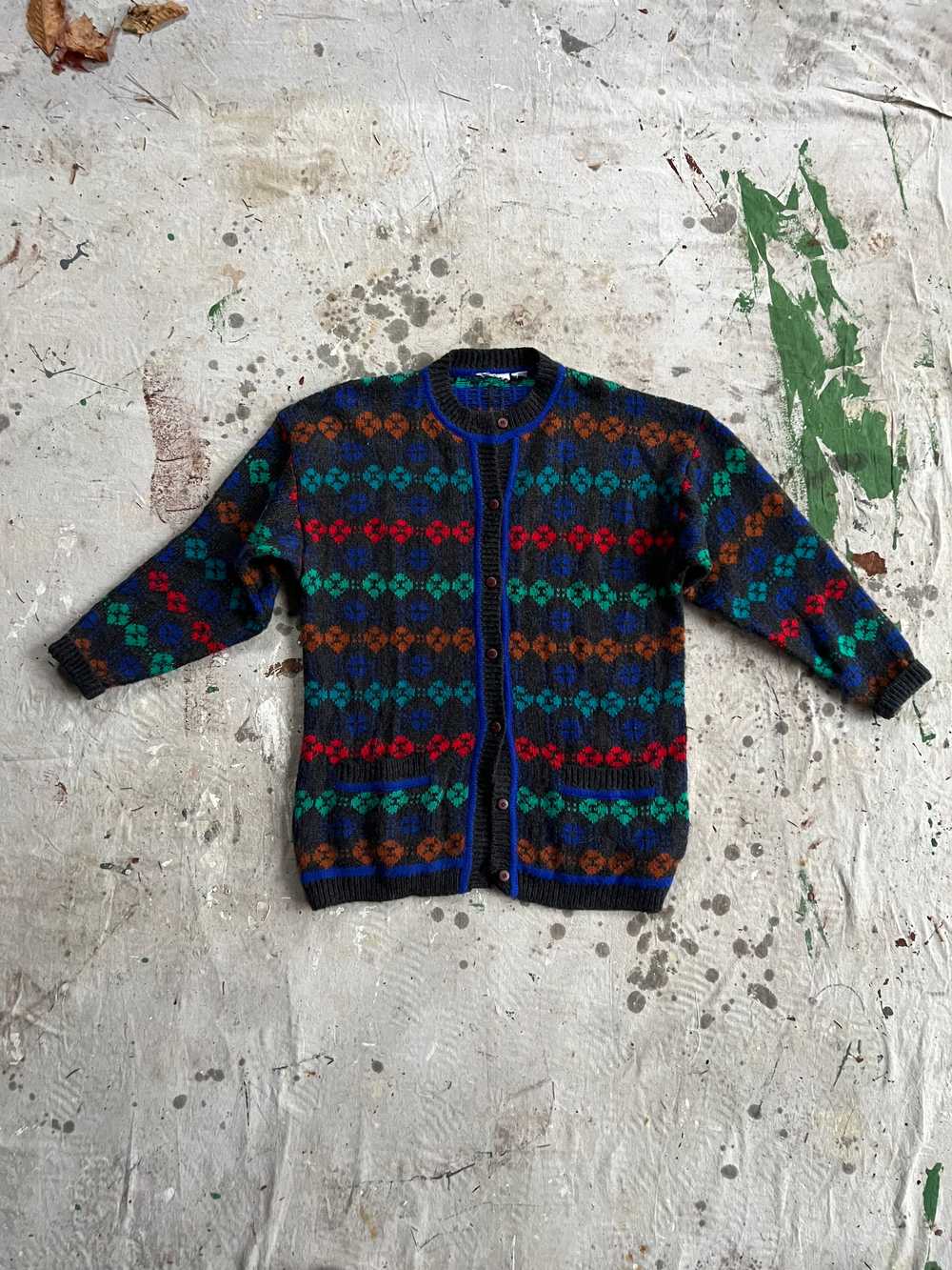 80’s wool cardigan with colorful motif - image 1