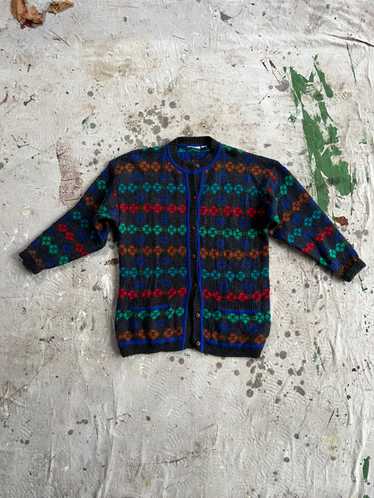 80’s wool cardigan with colorful motif - image 1