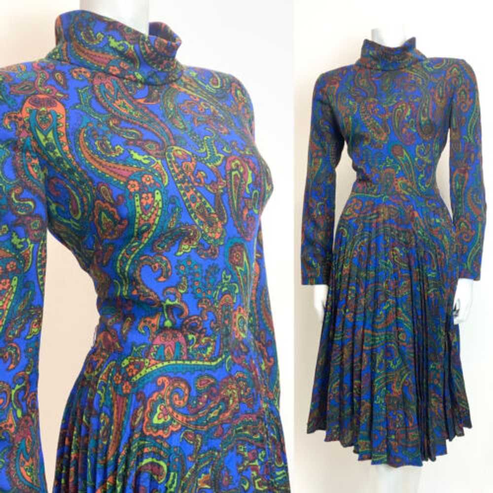 VTG 60s 70s BLUE GREEN PURPLE PSYCHEDELIC FLORAL … - image 1