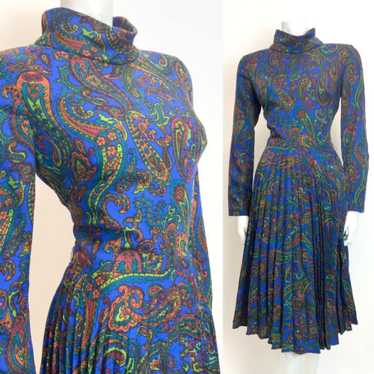 VTG 60s 70s BLUE GREEN PURPLE PSYCHEDELIC FLORAL … - image 1