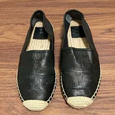 Tory Burch Black Leather Perforated Logo Espadrill