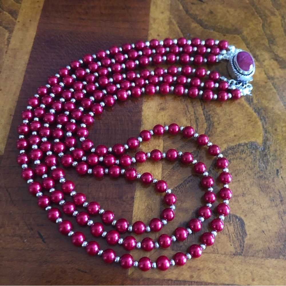 Handmade Handcrafted triple strand red Pearl genu… - image 10