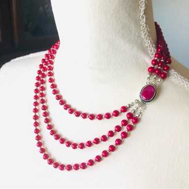 Handmade Handcrafted triple strand red Pearl genu… - image 1