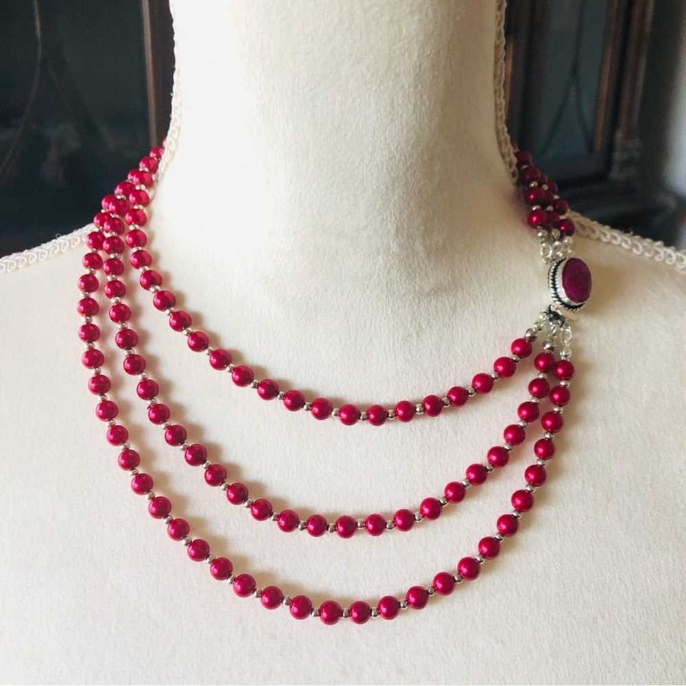 Handmade Handcrafted triple strand red Pearl genu… - image 2