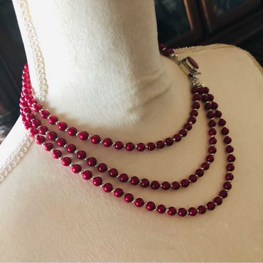 Handmade Handcrafted triple strand red Pearl genu… - image 3