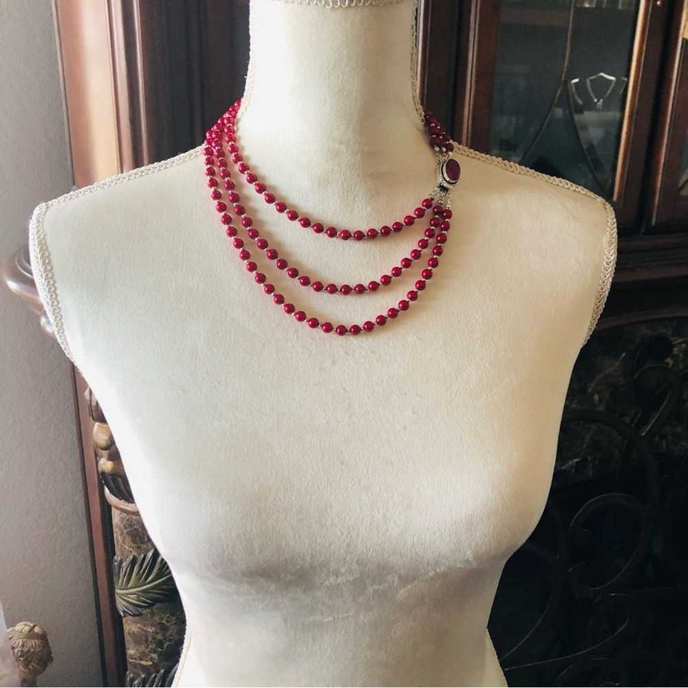 Handmade Handcrafted triple strand red Pearl genu… - image 4