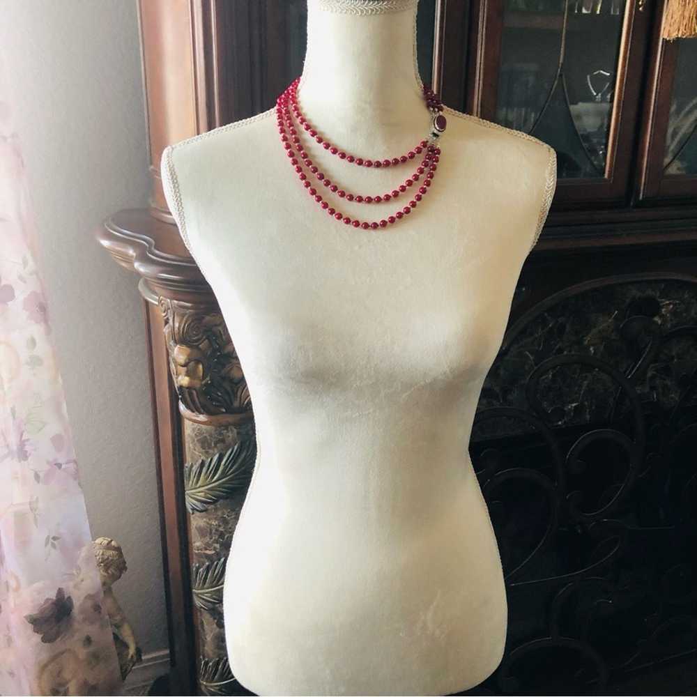 Handmade Handcrafted triple strand red Pearl genu… - image 5