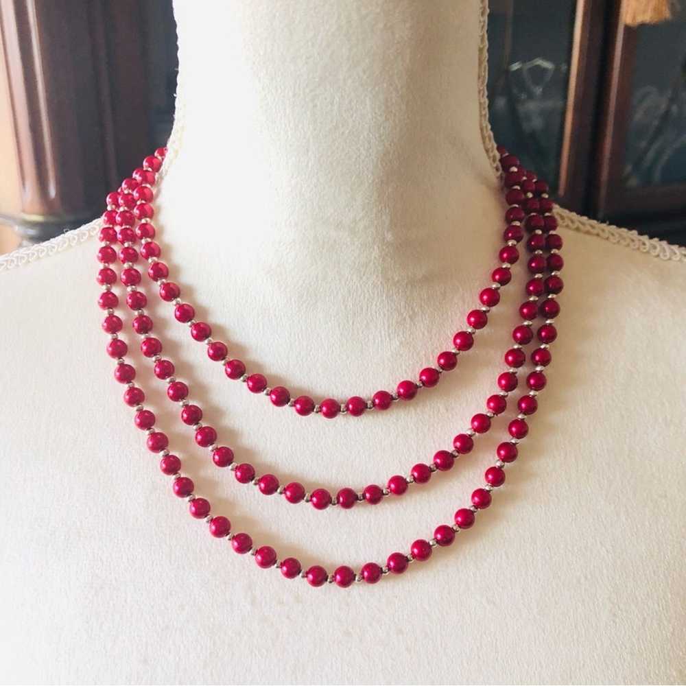 Handmade Handcrafted triple strand red Pearl genu… - image 7